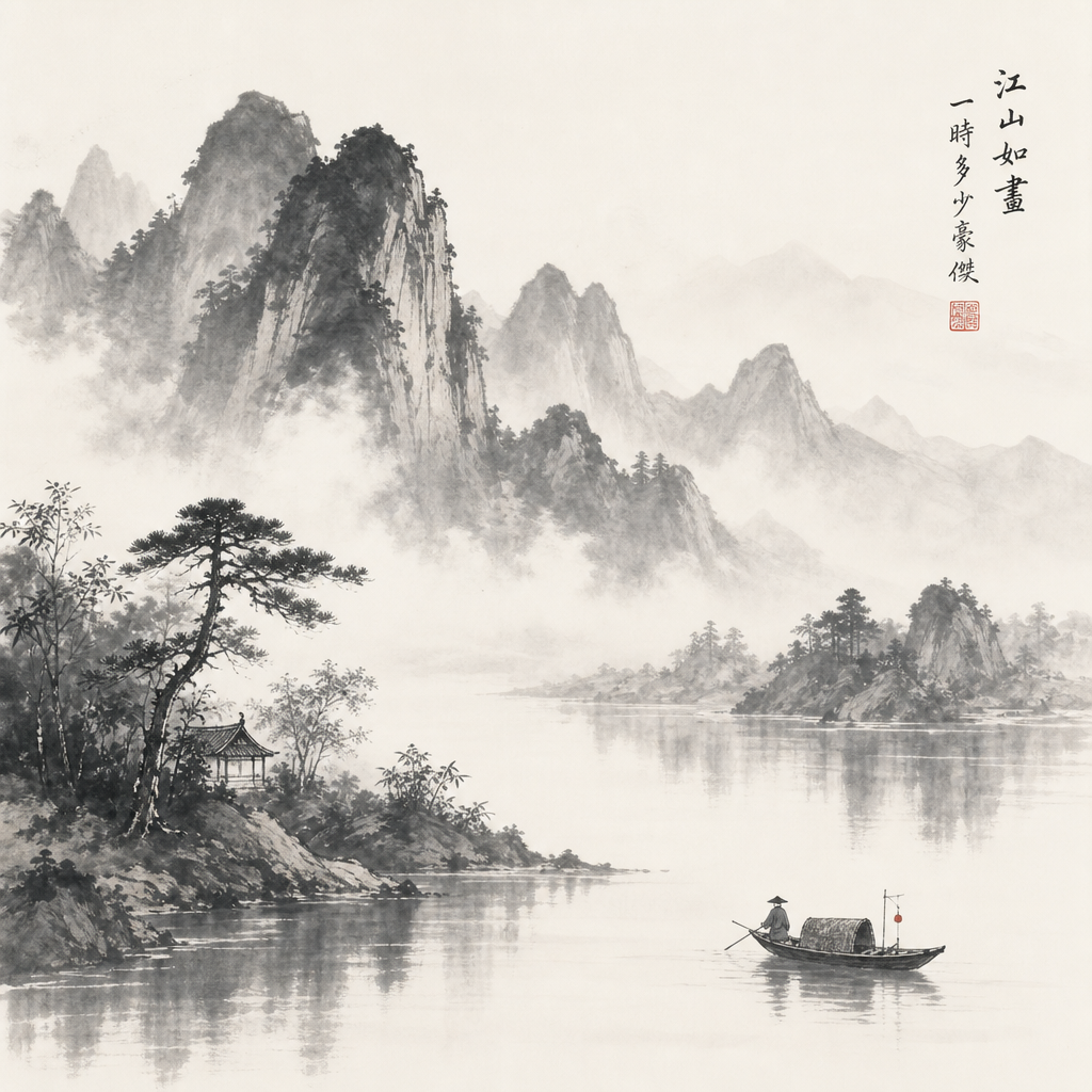 迷雾笼罩的东方山水，一叶孤舟，水墨意境，传统亚洲艺术