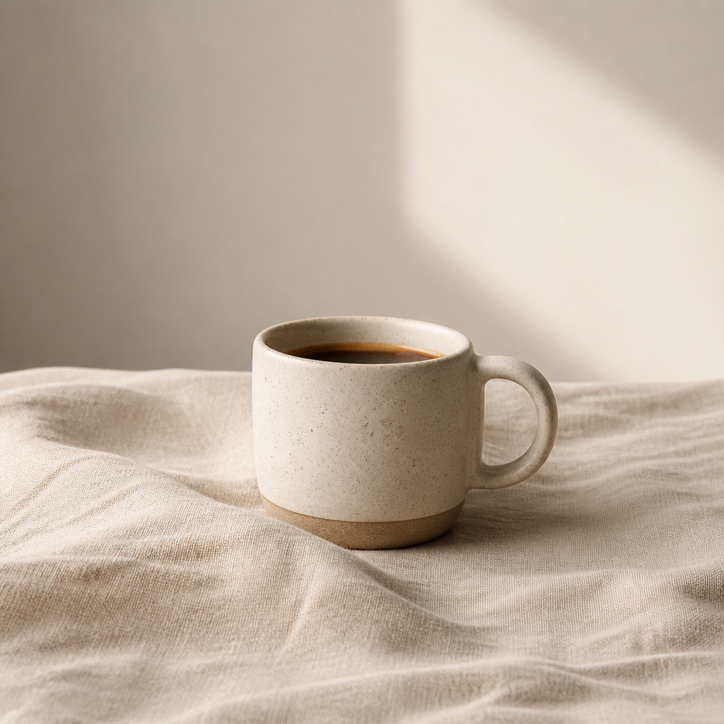 极简产品摄影：陶瓷咖啡杯，米色亚麻背景，柔和侧光，杂志感