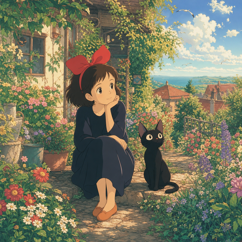 吉卜力风格插画，少女与黑猫在阳光花园，温暖午后光线