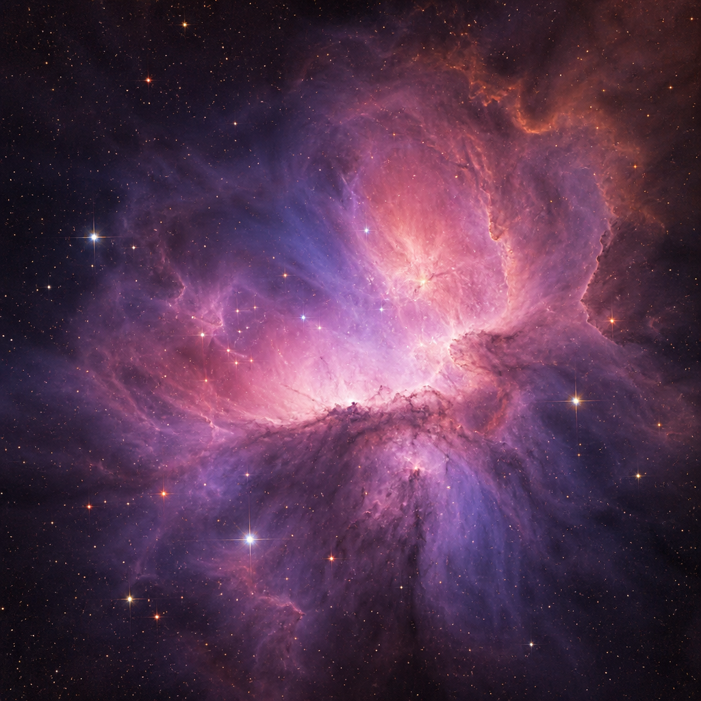深空星云摄影，旋转的宇宙尘埃，鲜艳紫粉色，远方星辰